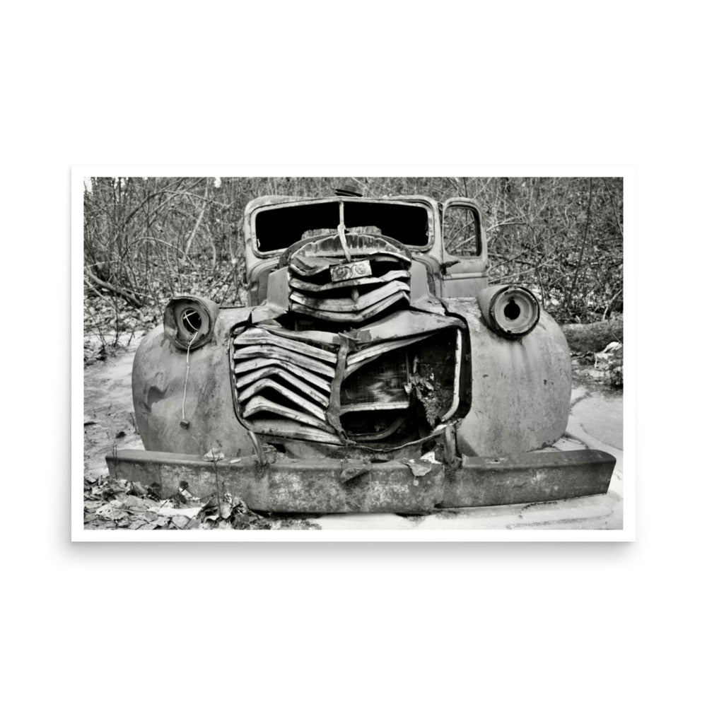 black and white print poster of a vintage truck
