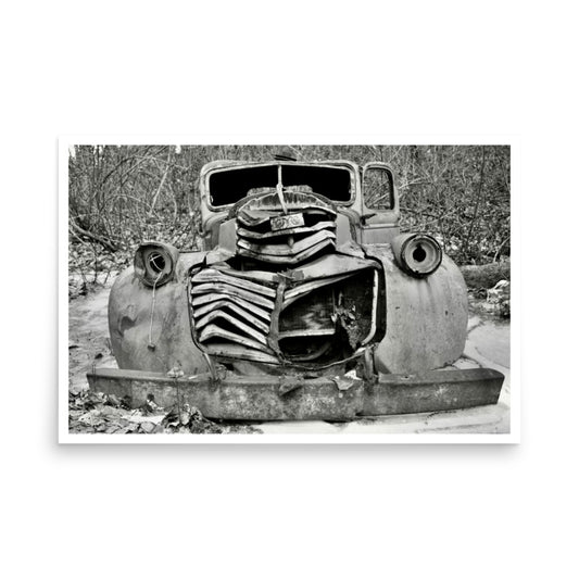 black and white print poster of a vintage truck