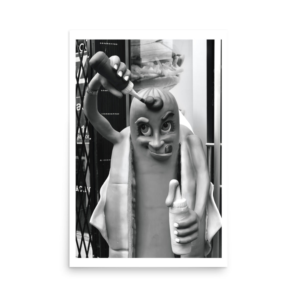 black and white hot dog statue poster print