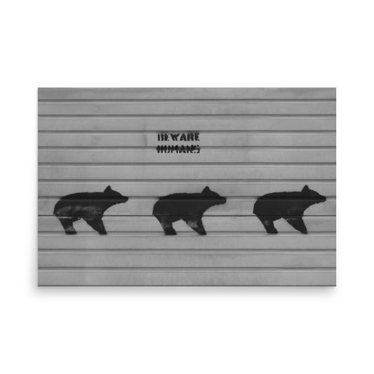 black and white print poster showing bears