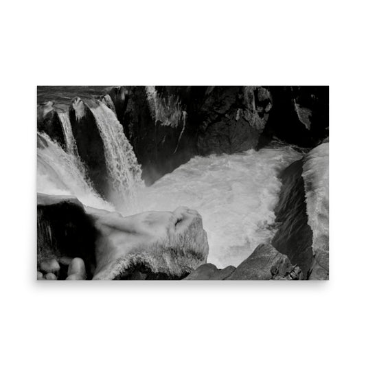 black and white print of a whistler waterfall