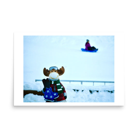 print poster of toy moose and toboggan fun in whistler