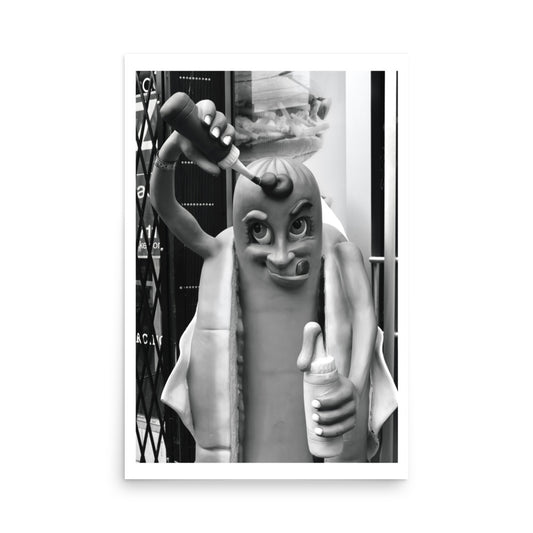 black and white hot dog statue poster print